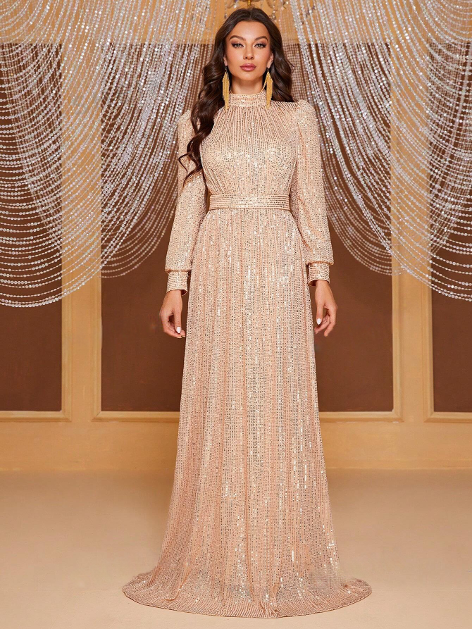 Mock Neck Lantern Sleeve Sequin Formal Dress